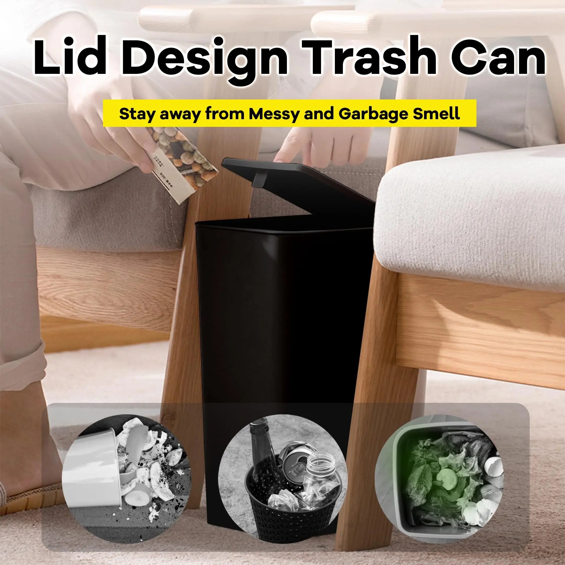 Bathroom Trash Can-10L Small Garbage Can with Press Top Lid for Toilet,Bedroom,Living Room โ Plastic Wastebasket with Pop-up Lid