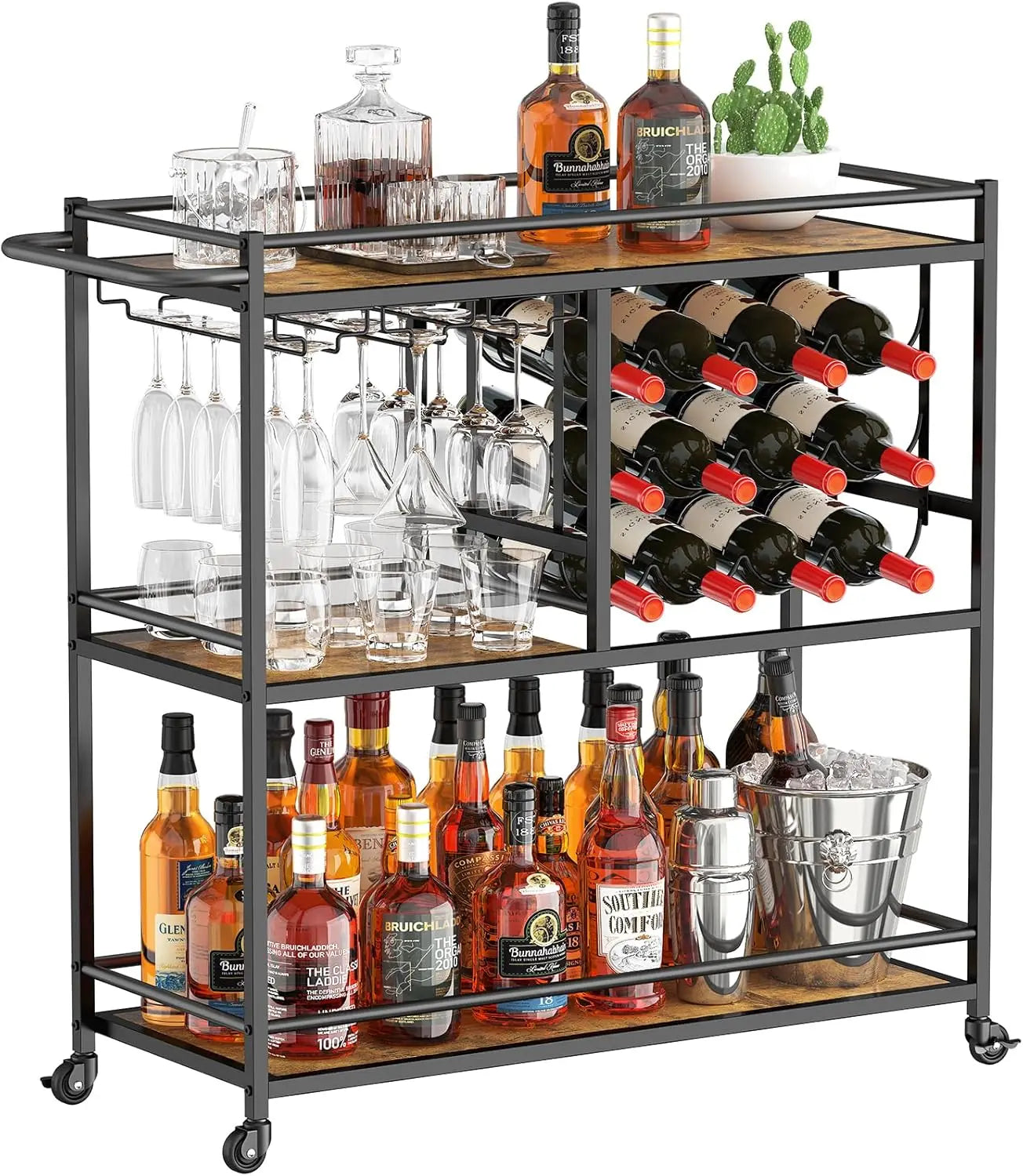 Drink Trolley, 3 Tier Bar Cart with Lockable Wheels, 12 Wine Rack and 3 Rows Glass Holders, Serving Alcohol Trolley, Wine Rack