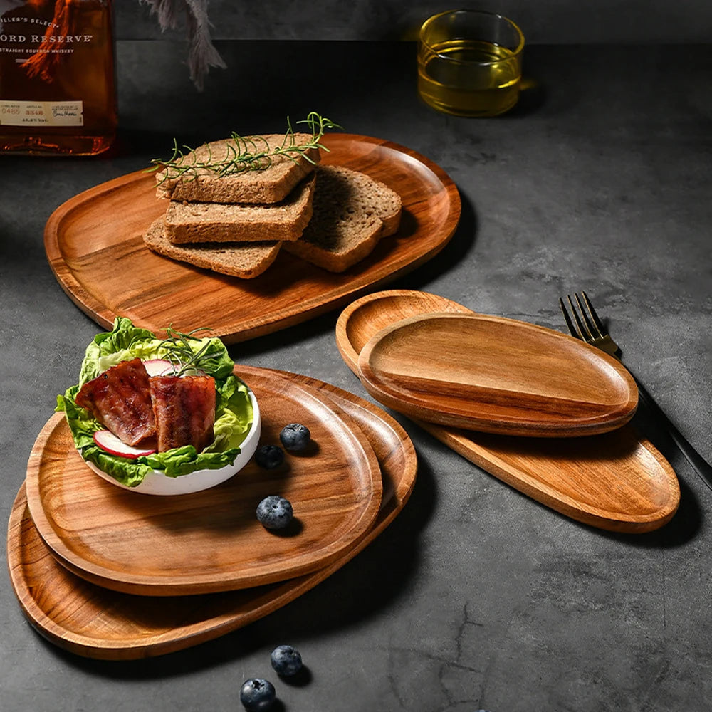 1Pc Oval Tray Food Serving Plate Acacia Wood Snack Deseert Plate Teaboard Natural Tea Food Server Dishes Drink Platter