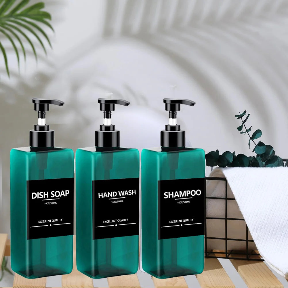 3PCS 500ml Square Soap Dispenser Waterproof Labels Refillable Empty Bottle Hand Soap Liquid Lotion Shampoo Conditioner Container