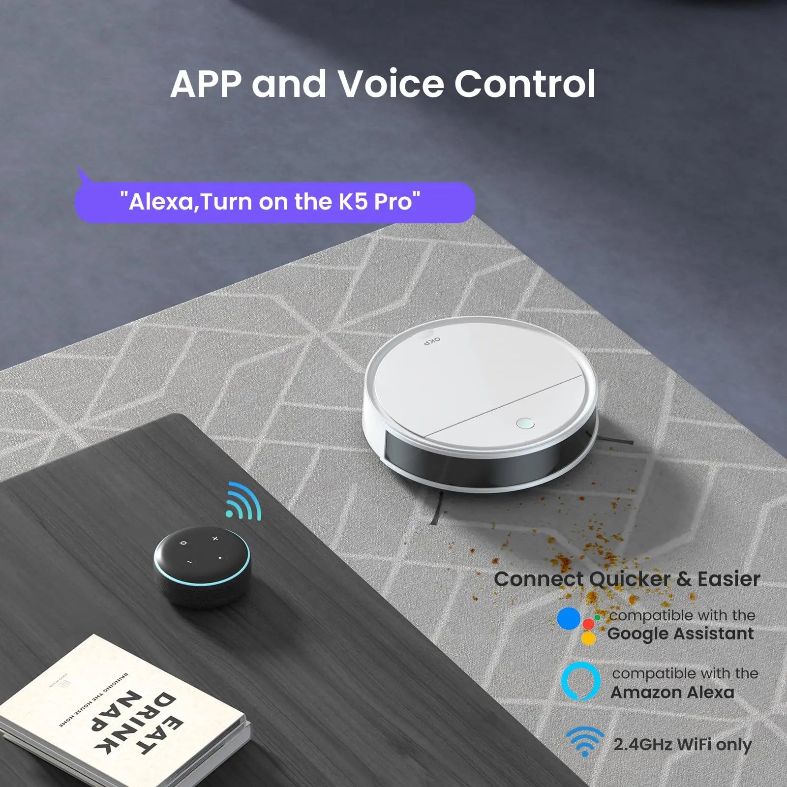 OKP K5P Robot Vacuum Cleaner, 5000Pa, 180 Mins, WiFi/App, Slim Design, Self-Charging, Perfect for Hard Floors, Pet Hair, Carpets