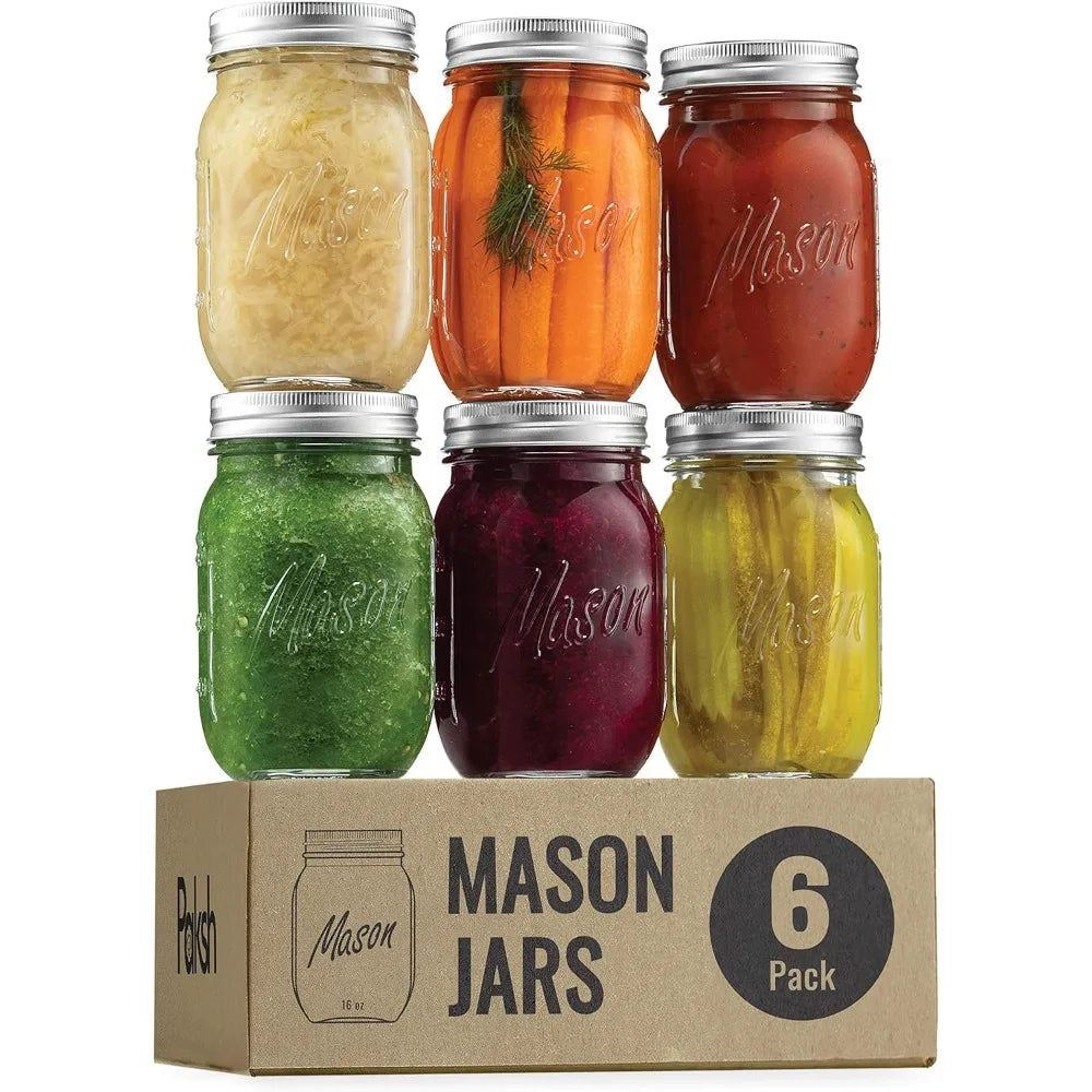 Mason Jars 473ml 6 Pack Regular Mouth Glass Jars with Lid & Seal Bands Airtight Container for Pickling Canning Candles Decor