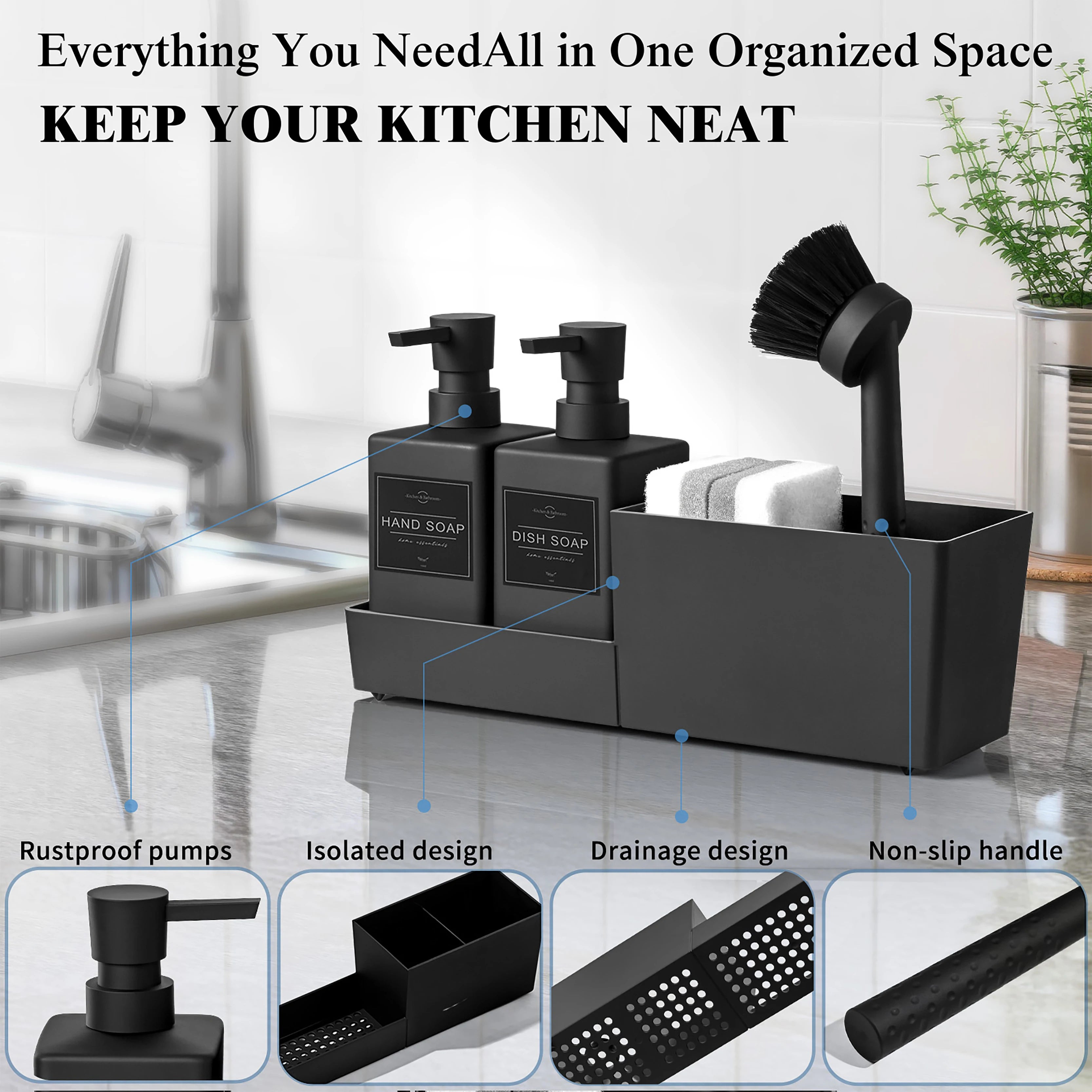 Kitchen Soap Dispenser Set with Sponge Holder and Brush for Sink Rack Hand Soap and Dish Soap Dispensers Black 4-in-1