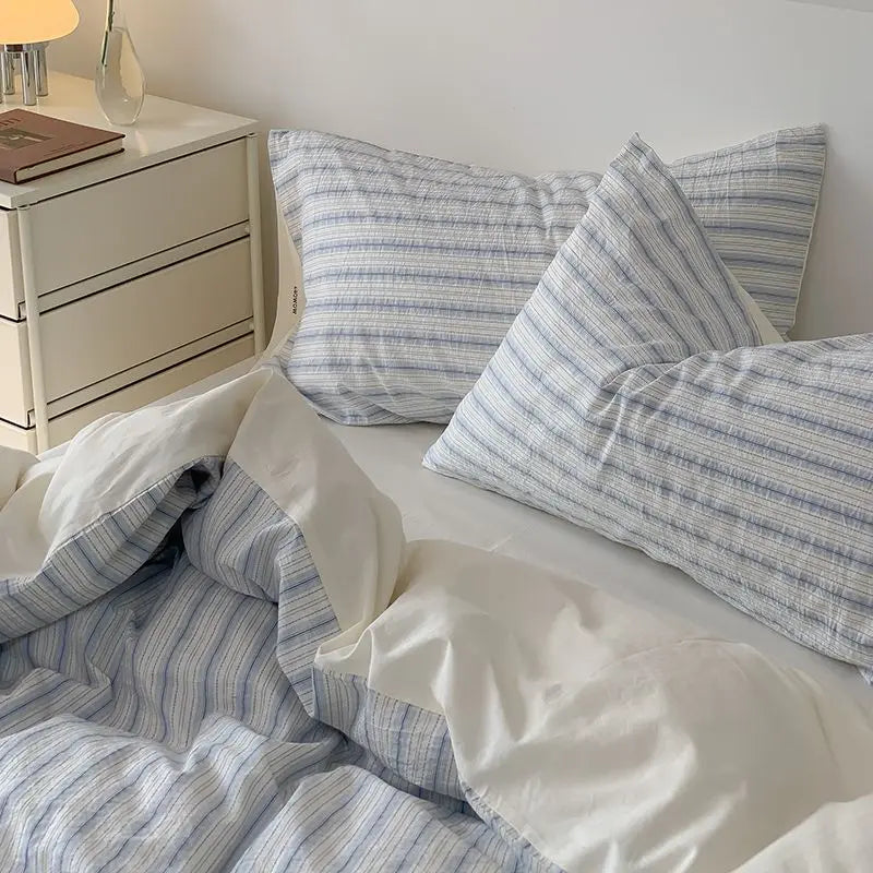 Stripes Duvet Cover Set Adults Boys Quilt Cover Bed Sheet Simple Home Bedding Soft Washed Cotton Bedclothes Single Double Size