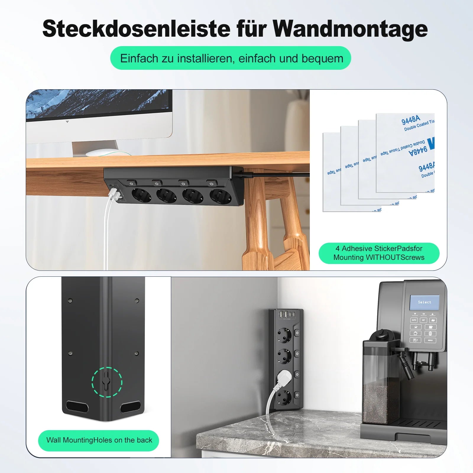 European desktop multi-contact power strip, 2 USB-A and 2 Type-C corner power sockets, 2M extension cord, home office kitchen