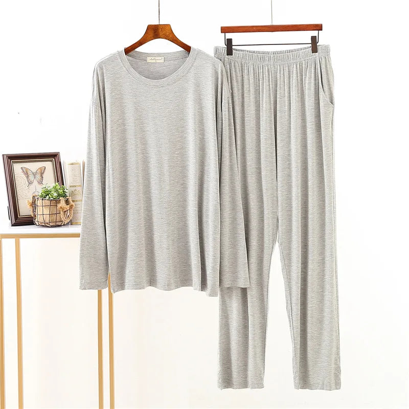 Modal Cotton Pajamas Suit Men Spring Autumn Long-sleeved Youth Middle-aged Loose Fit Plus Size Loungewear Thin Sleepwear Male