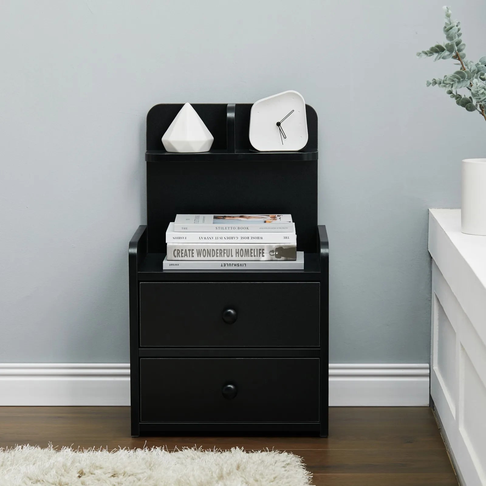 Haodirect Modern Black Double Drawer Nightstand with Shelves Wooden Bedroom Drawer Chest