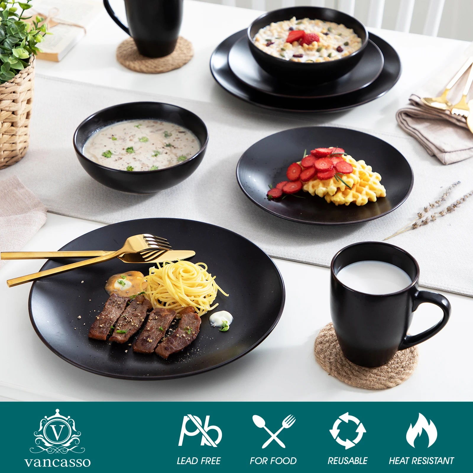 vancasso 16/32 Piece Matte Pottery Dinner Set Black Stoneware Tableware Set with 4PCS Dinner Plate,Dessert Plate,Bowls,Cups