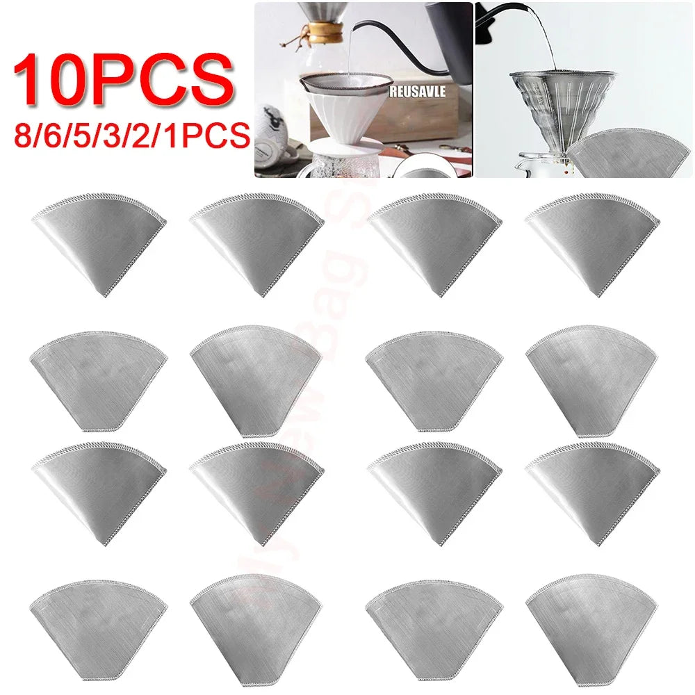 1-10PCS Reusable Pour Over Coffee Filter Mesh Stainless Steel Paperless Coffee Filter Easy Clean Cone Filter Coffee Drip Filter