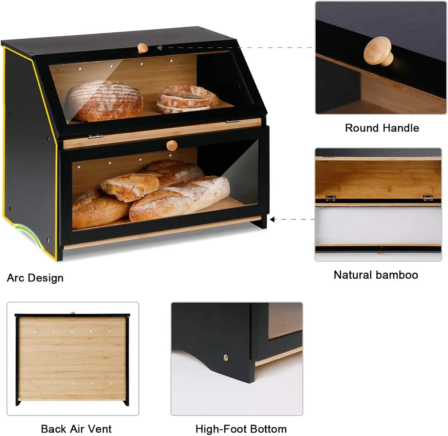 Double Layer Large Bread Box for Kitchen Counter, Wooden Large Capacity Bread Storage Bin kitchen organizer