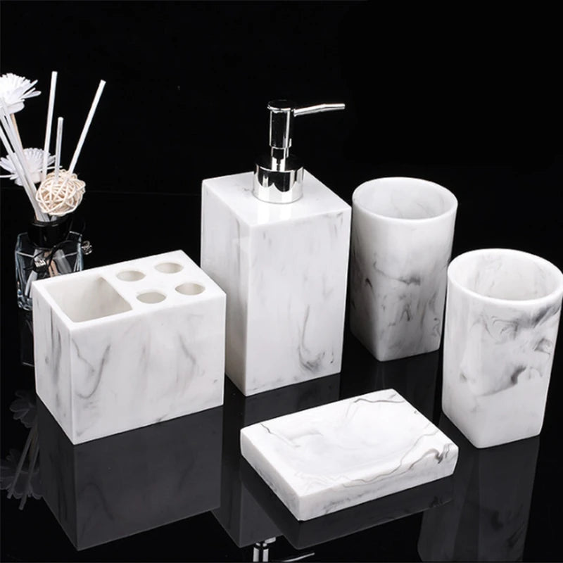1Set Resin Imitation Marble Bathroom Accessory Kits Mouthwash Cup Soap Toothbrush Holder Shampoo Bottle Household Wash