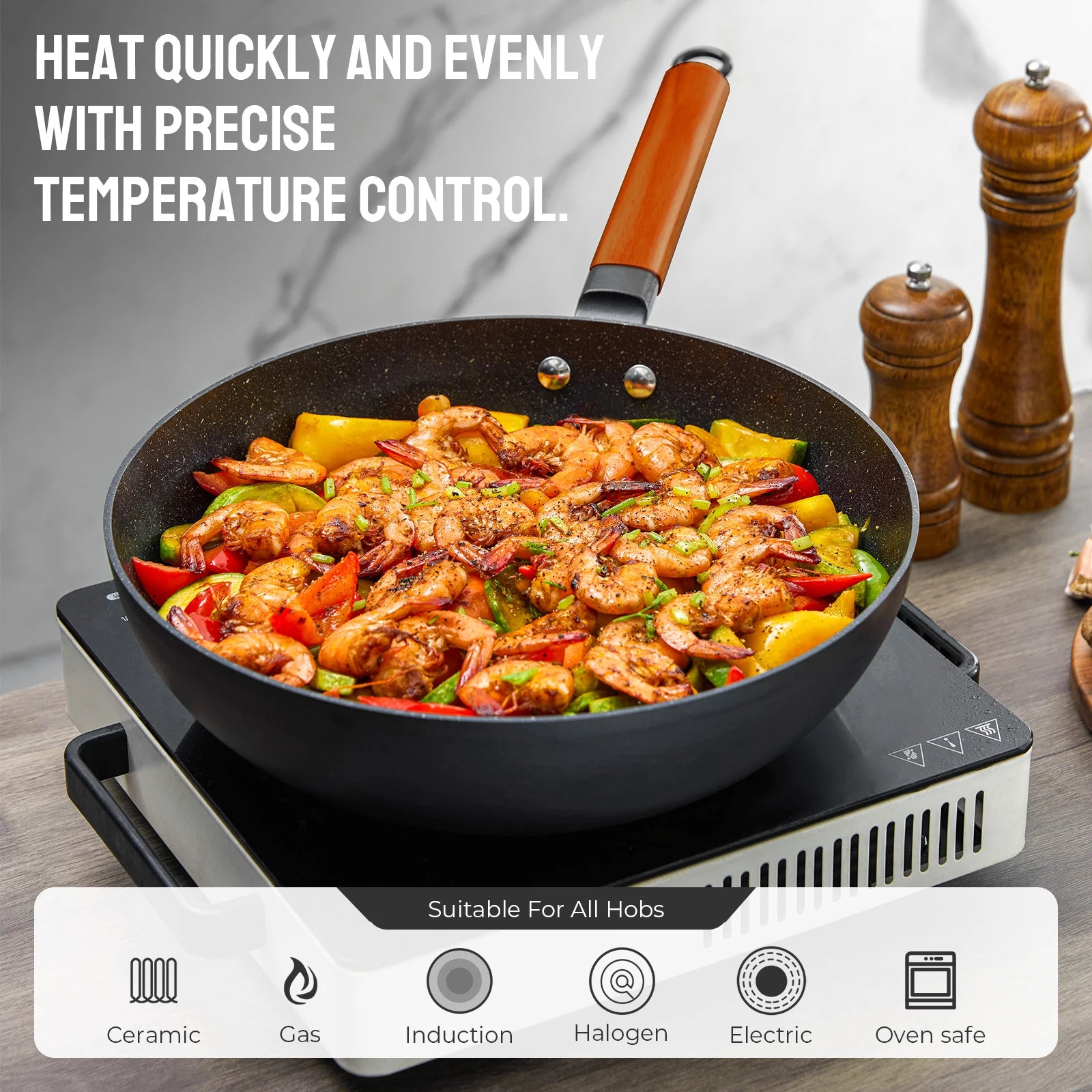 Induction Wok Pan Nonstick, Stir-Fry Wok 30cm with Wooden Handle, Flat Bottom, Suitable for All Hobs, Granite