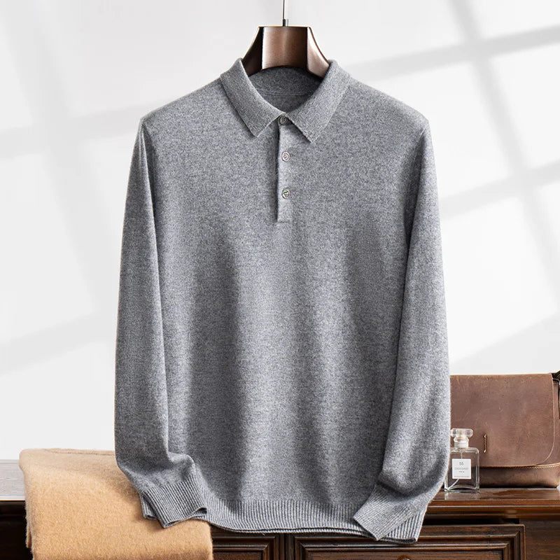 100% Cashmere Sweater Men's Knitted POLO Collar Pullover Casual High Waisted Knitted Straight Leg Pants Winter Warm Menswear