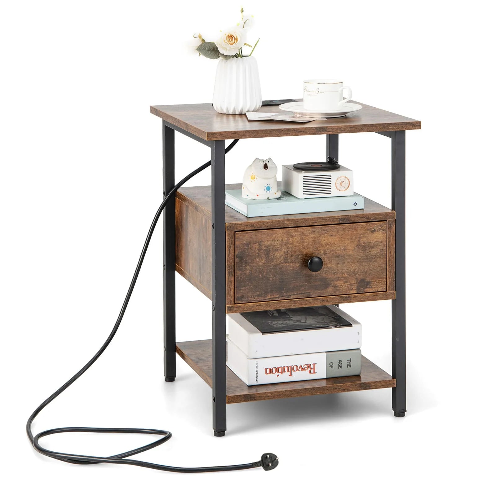 GOFLAME 3-Tier Nightstand Bedside Sofa Side Tables w/ Charging Station
