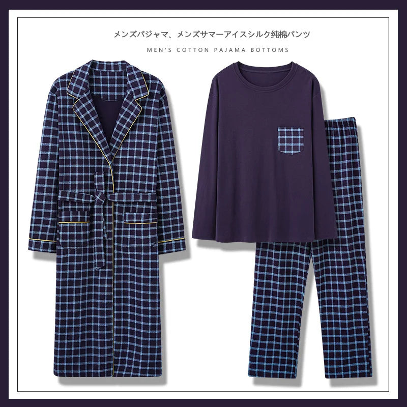 Cotton Pajama Set for Men with Long Sleeve Nightgown and Bathrobe for Home and Outdoor Wear