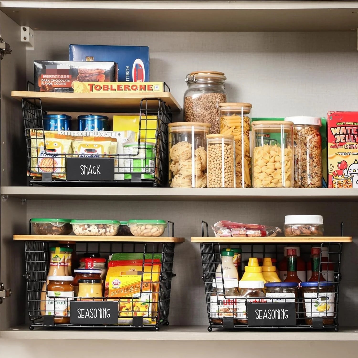 Large Stackable Wire Basket with Bamboo Top - Kitchen Counter, Pantry Organizer and Storage, Onion Potato Fruits Vegs Basket