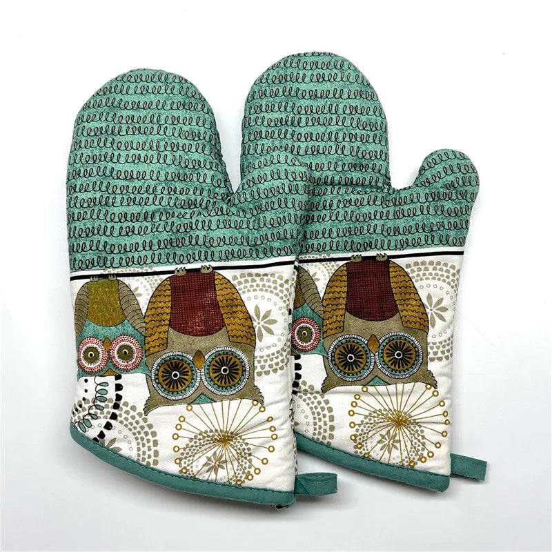 2Pcs 17x33cm Cotton Vintage Printed Oven Mitts Baking Gloves Pad Microwave Insulation Kitchen Tool Party Gift