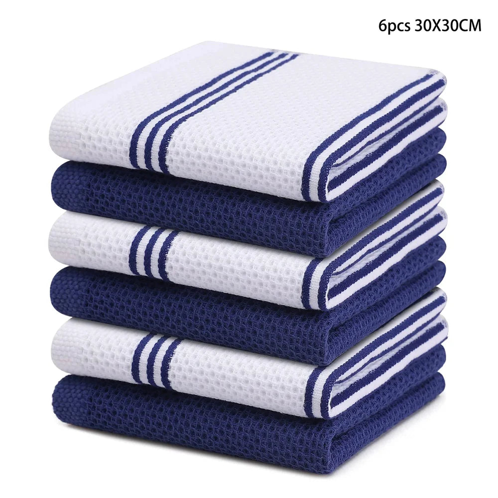 Kitinjoy 4/6pcs Cotton Towel For Kitchen Waffle Weave Stripe Kitchen Towel Absorbent Dishcloth Soft Drying Home Cleaning Cloths