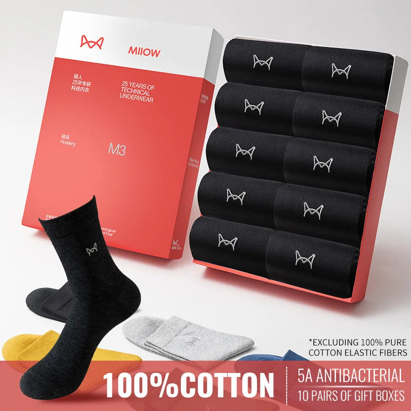 MiiOW 100% Pure Cotton Socks Men Business Dress Long Sock Antibacterial Anti Odor Crew Socks Solid Color Breathable Sport Sock