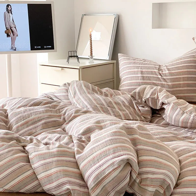 Stripes Duvet Cover Set Adults Boys Quilt Cover Bed Sheet Simple Home Bedding Soft Washed Cotton Bedclothes Single Double Size