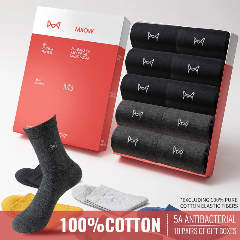 MiiOW 100% Pure Cotton Socks Men Business Dress Long Sock Antibacterial Anti Odor Crew Socks Solid Color Breathable Sport Sock