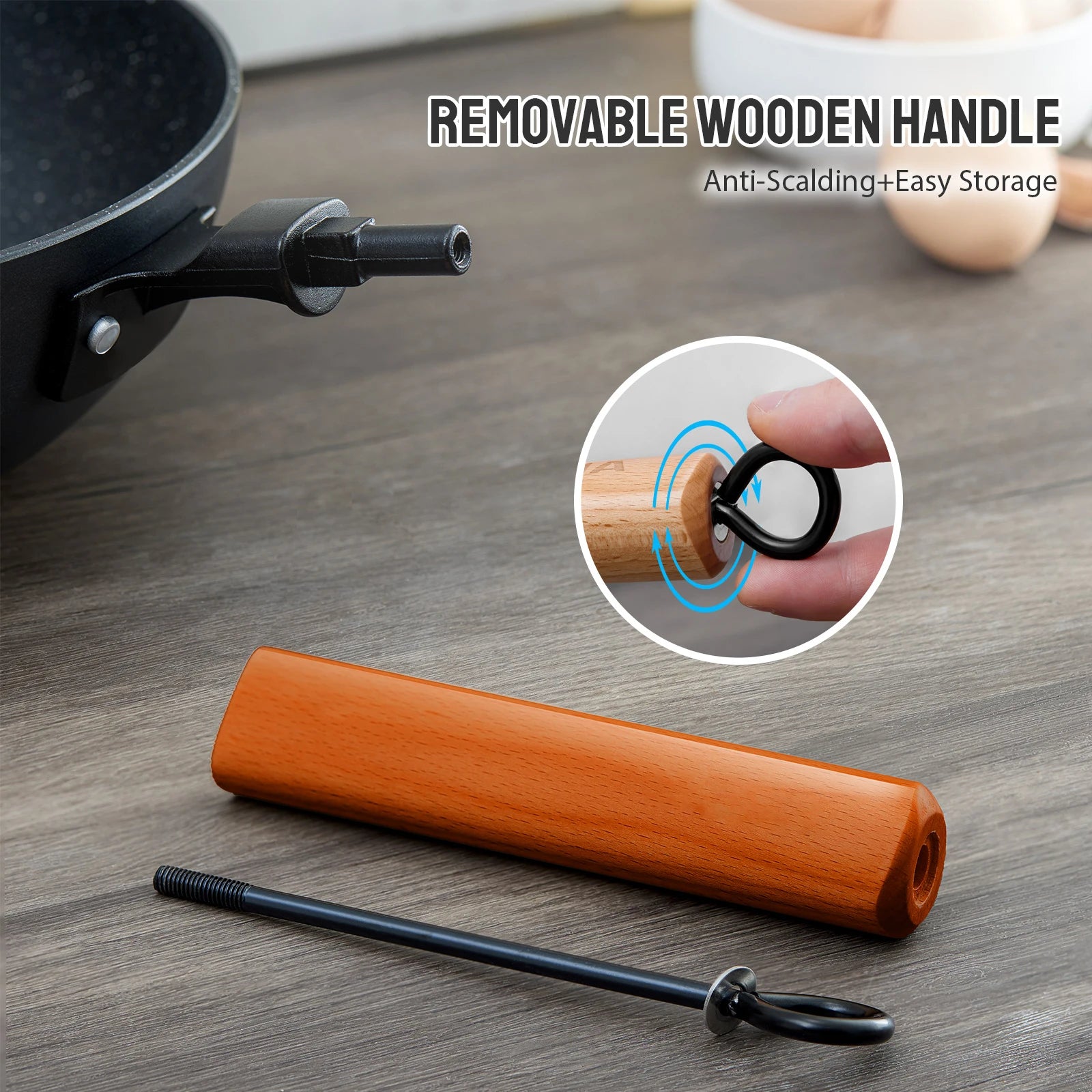 Induction Wok Pan Nonstick, Stir-Fry Wok 30cm with Wooden Handle, Flat Bottom, Suitable for All Hobs, Granite