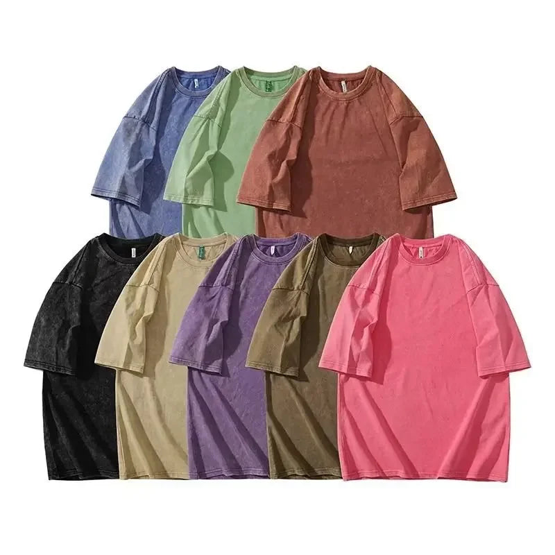 Distressed Heavy Cotton Short Sleeve T-shirt For Men Loose Fit Hong Kong Style Ins Half Sleeve Summer Trendy Body T-shirt