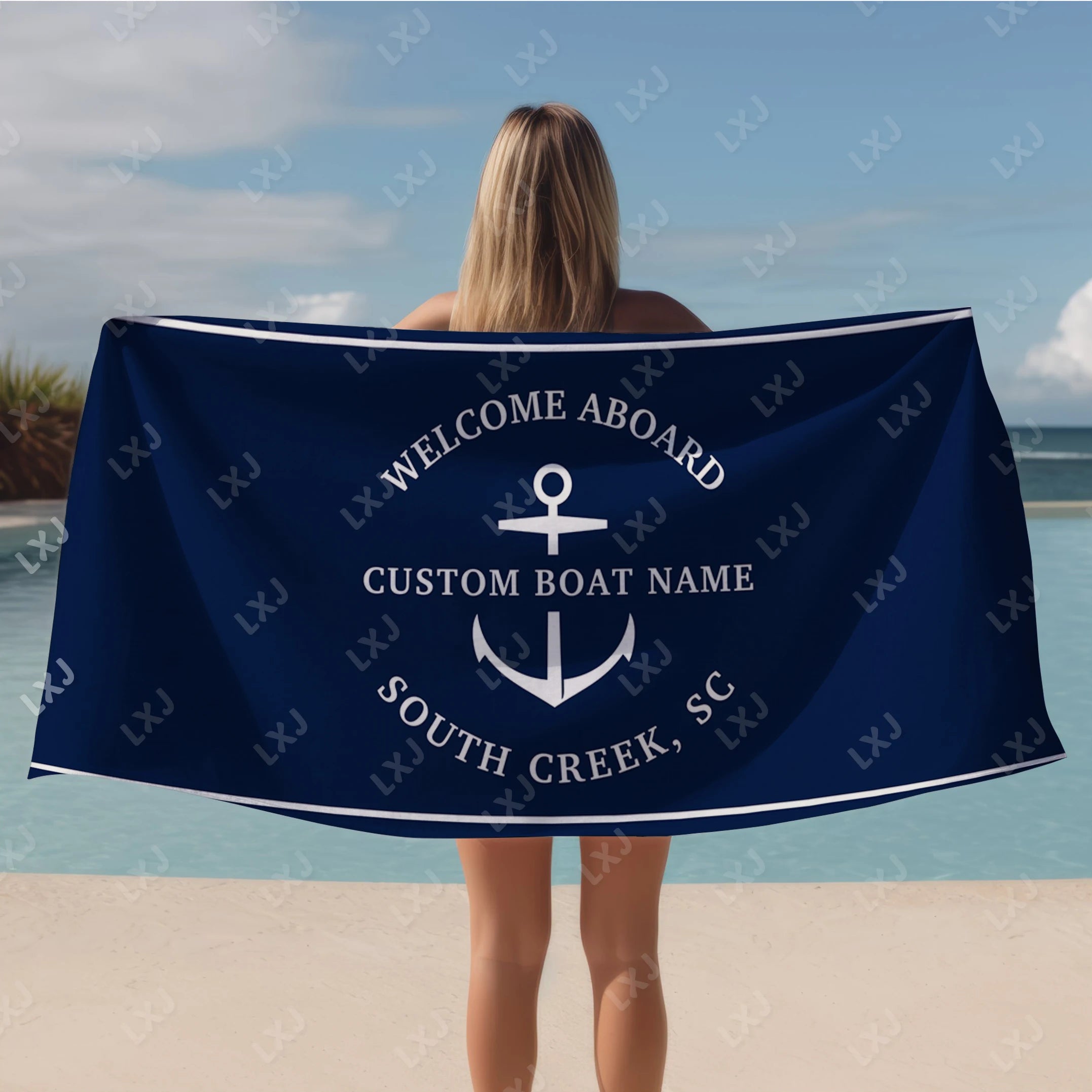 Custom Beach Towel Quick Dry Sand Free Personalized Boat Name Bath Towel for Adults Kids Nautical Gifts Yacht Beach Accessories