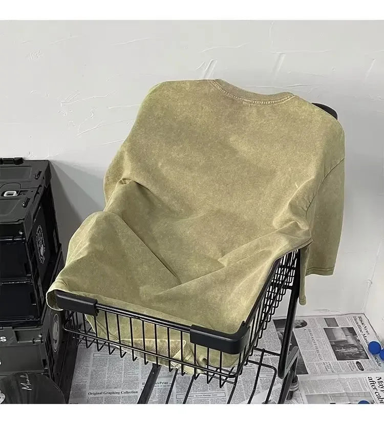 Distressed Heavy Cotton Short Sleeve T-shirt For Men Loose Fit Hong Kong Style Ins Half Sleeve Summer Trendy Body T-shirt