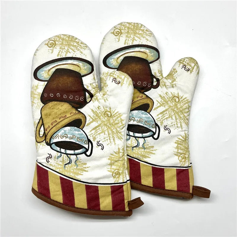 2Pcs 17x33cm Cotton Vintage Printed Oven Mitts Baking Gloves Pad Microwave Insulation Kitchen Tool Party Gift