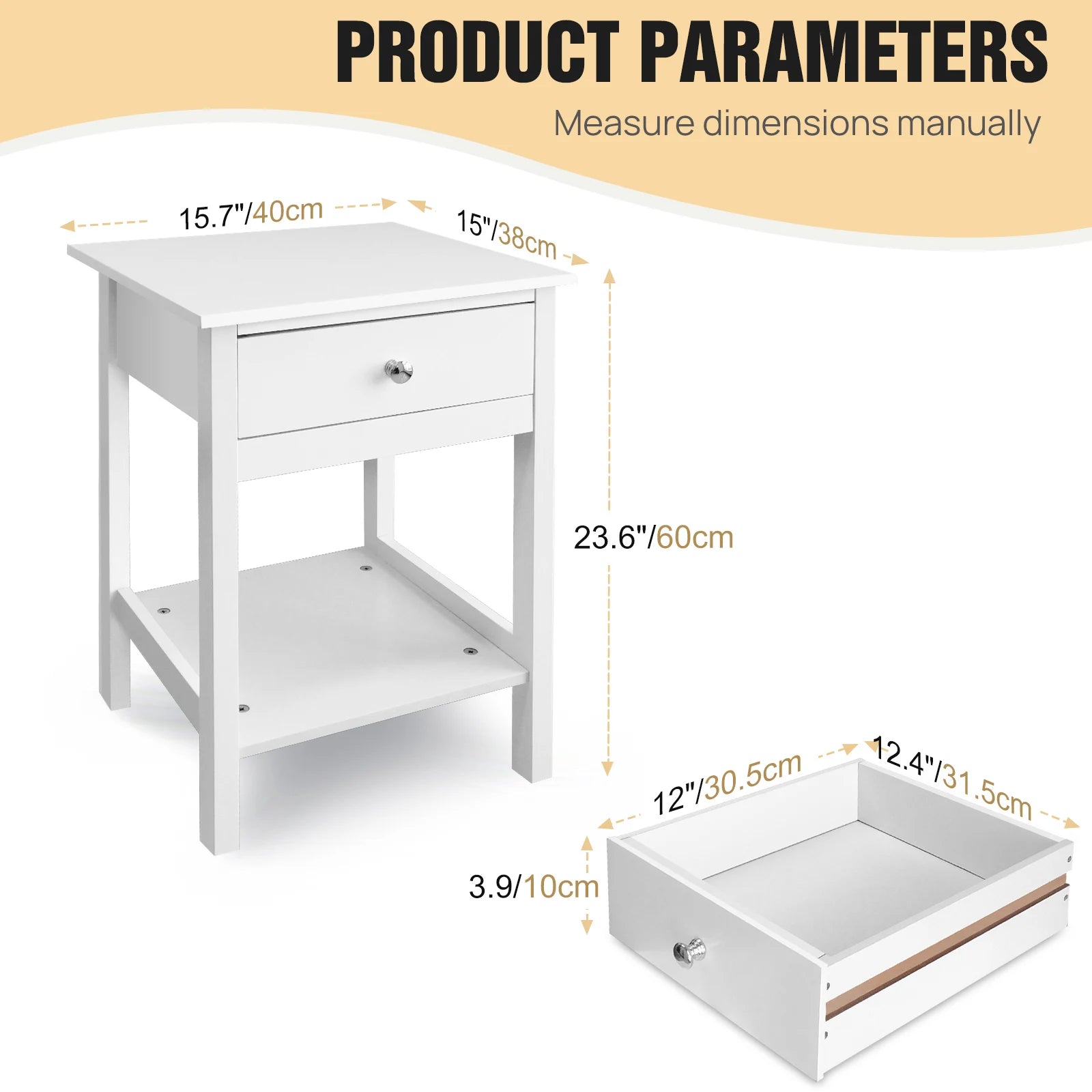 White Bedside Table Wooden Side Table Sofa Side Table Bedroom Nightstand,Bedside Cabinet with Drawer & Storage Shelf