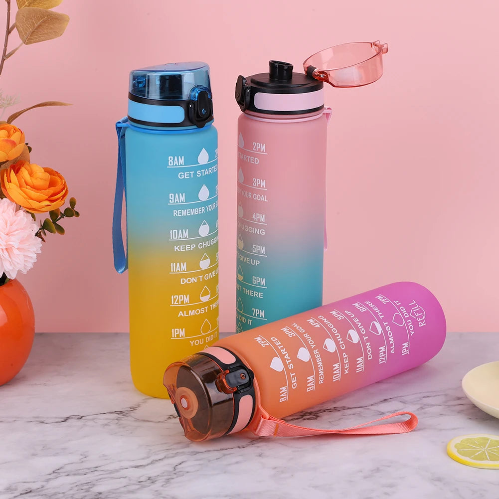 1000ml Frosted Gradient Cup with Handle Sport Water Bottle Large Capacity Time Scale Water Cup for Fitness Yoga