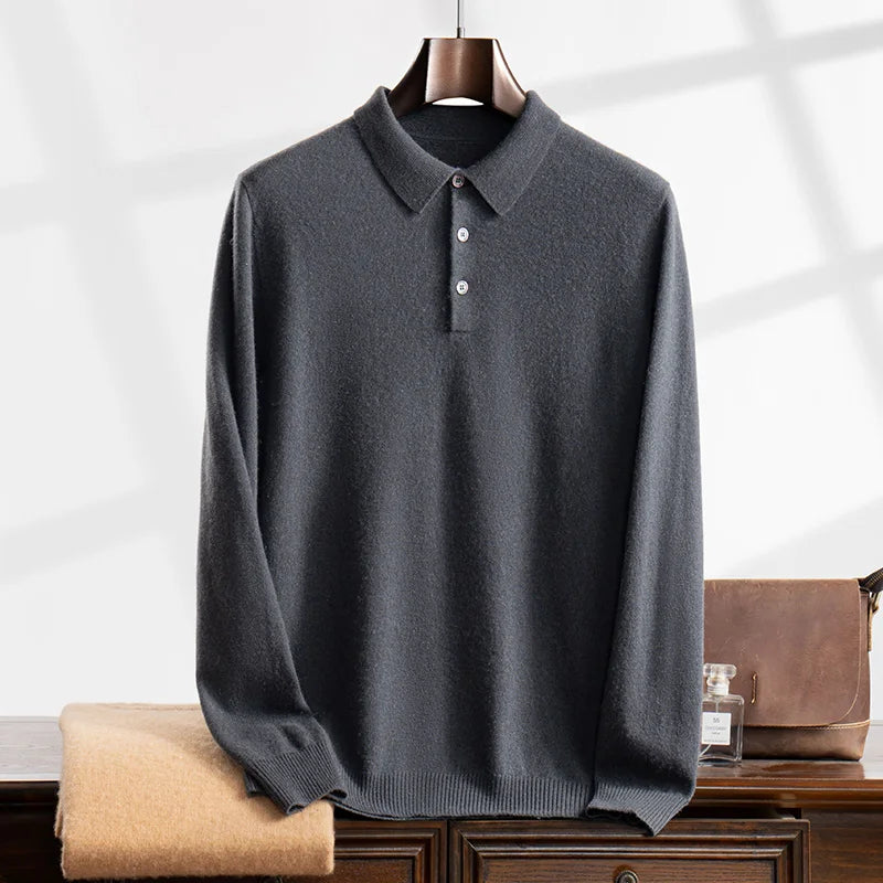 100% Cashmere Sweater Men's Knitted POLO Collar Pullover Casual High Waisted Knitted Straight Leg Pants Winter Warm Menswear