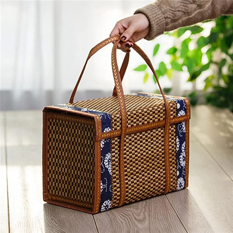 Picnic Woven Basket Wicker Storage Bag Handle Folded Fruit Shopping Food Handle Rattan Grass Foldable Bamboo Basket