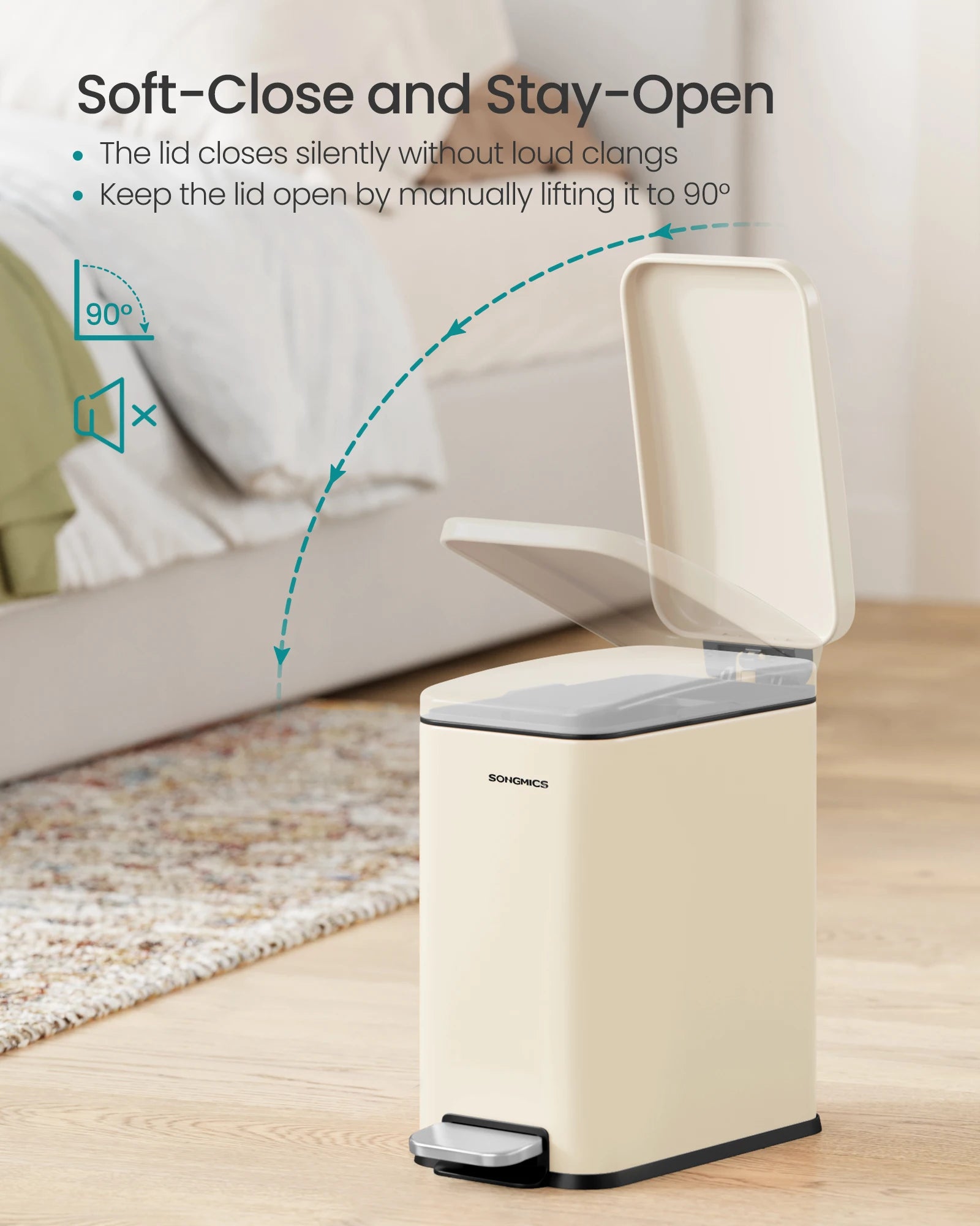 SONGMICS Bathroom Bin, 5L Small Bin with Lid, Pedal Toilet Bin, Slim for Small Spaces, Steel, Soft Close