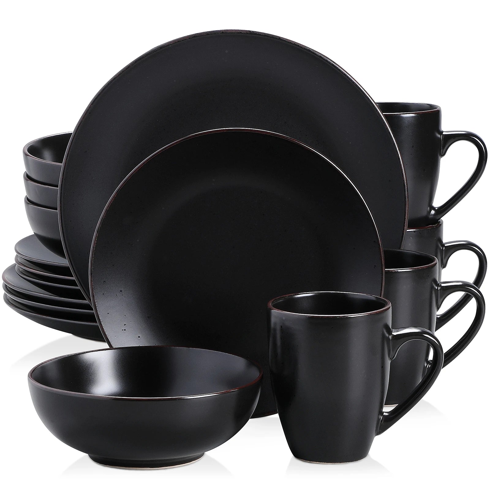 vancasso 16/32 Piece Matte Pottery Dinner Set Black Stoneware Tableware Set with 4PCS Dinner Plate,Dessert Plate,Bowls,Cups