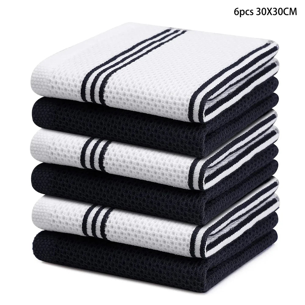Kitinjoy 4/6pcs Cotton Towel For Kitchen Waffle Weave Stripe Kitchen Towel Absorbent Dishcloth Soft Drying Home Cleaning Cloths