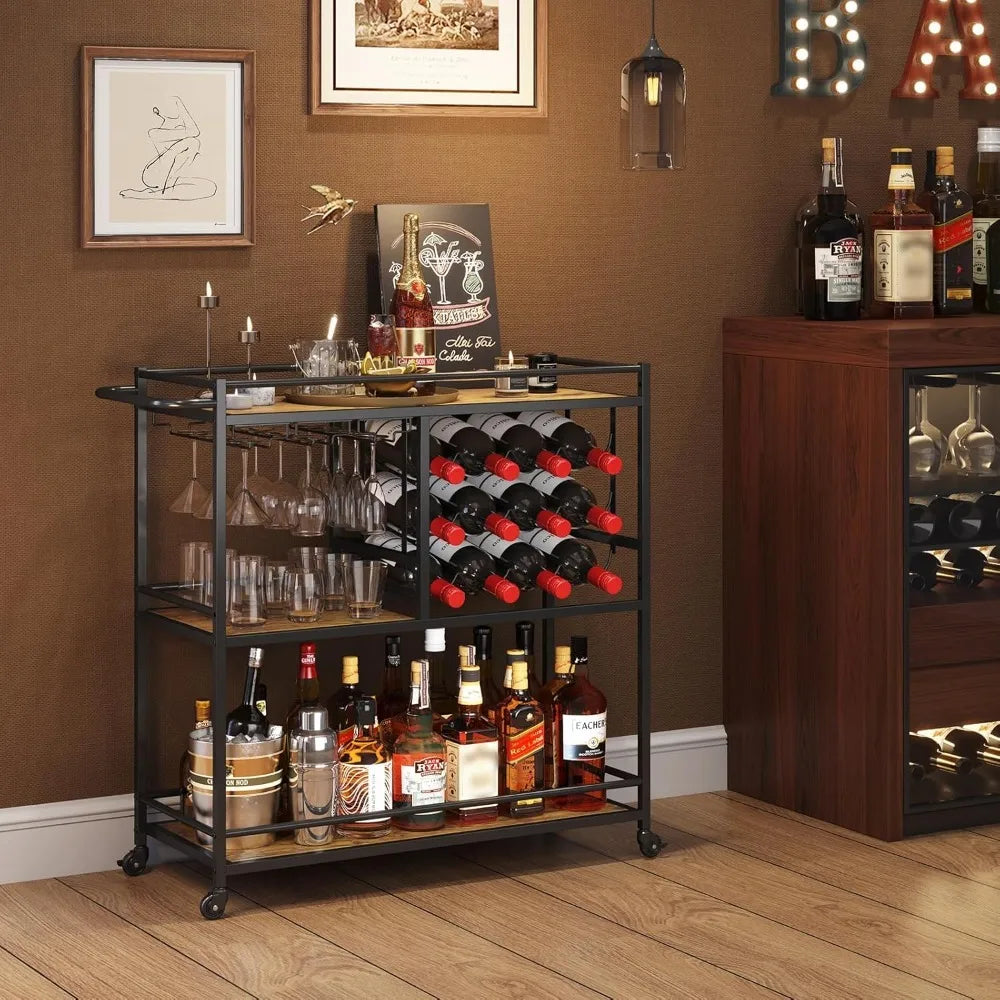 Drink Trolley, 3 Tier Bar Cart with Lockable Wheels, 12 Wine Rack and 3 Rows Glass Holders, Serving Alcohol Trolley, Wine Rack