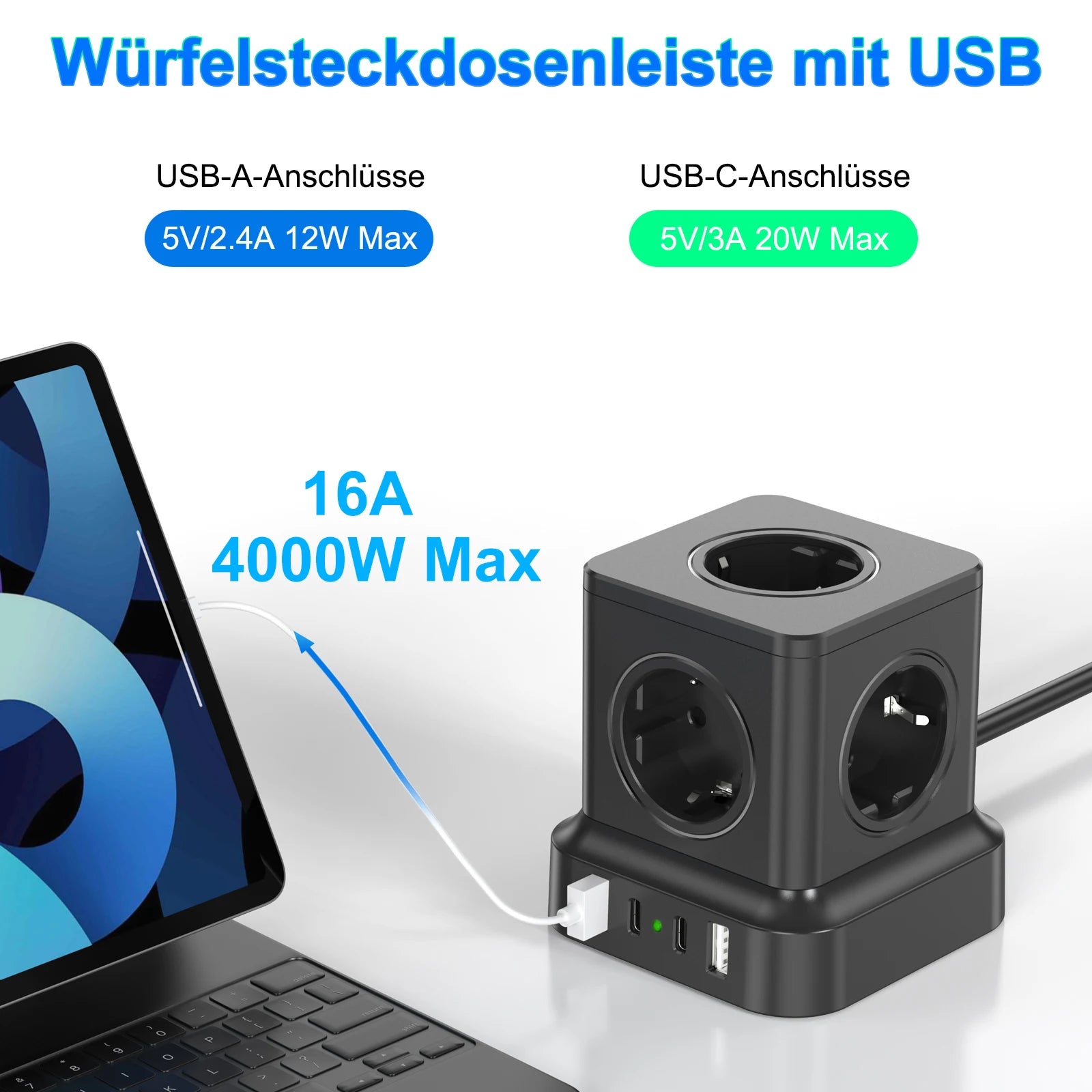 4000W EU Mulit Plug Power Strip Tower with 5 AC Outlets USB C Fast Charger PD20W, Power Board Socket 1.8 m Extension Cable