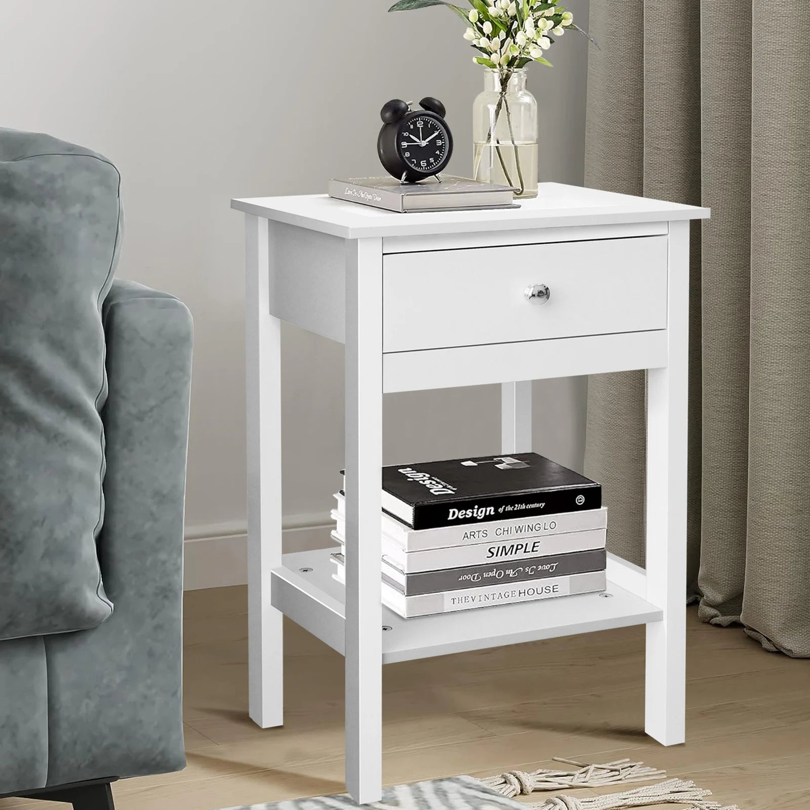 White Bedside Table Wooden Side Table Sofa Side Table Bedroom Nightstand,Bedside Cabinet with Drawer & Storage Shelf