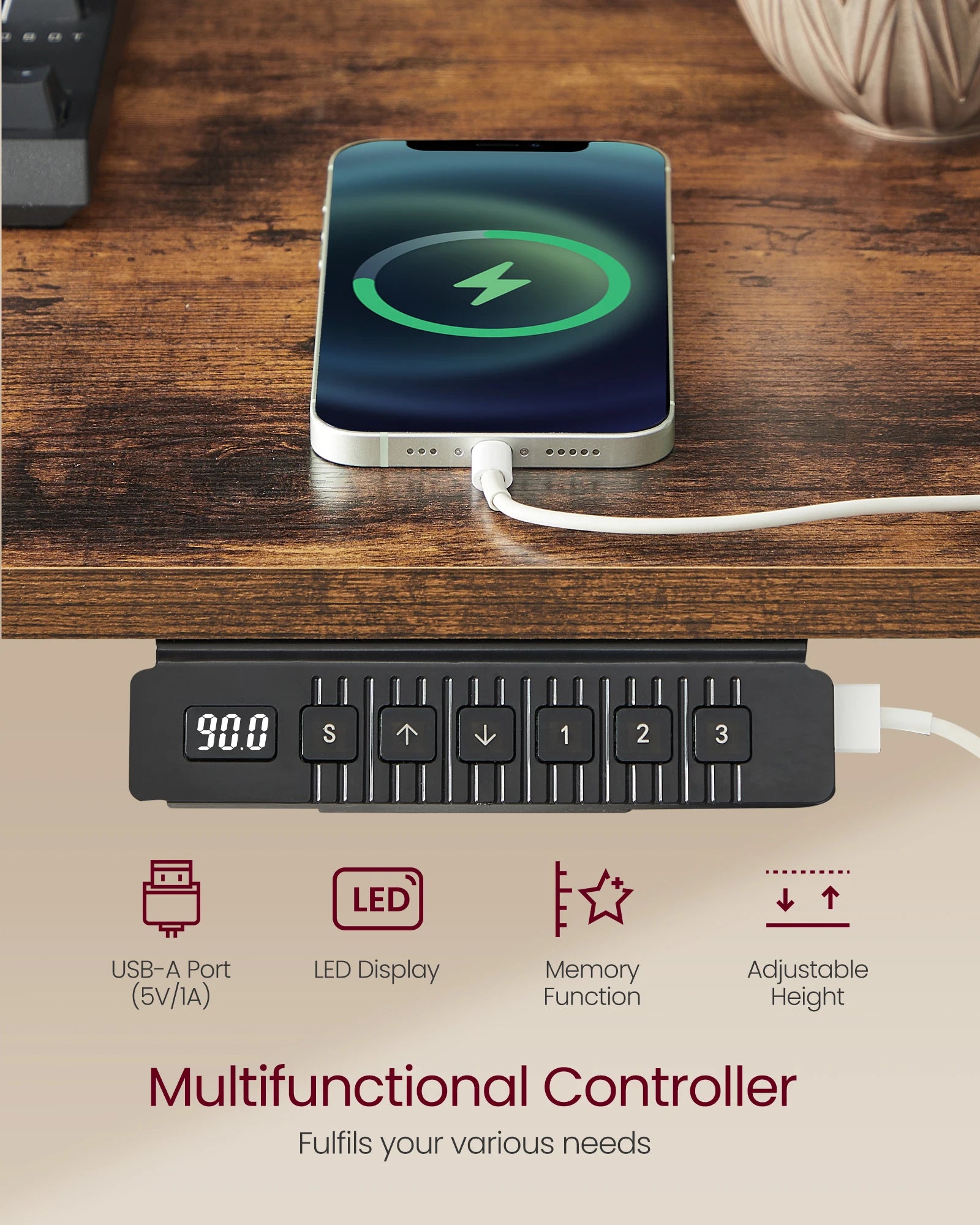 VASAGLE Electric Standing Desk with Built-In Power Strip, 60 x 120 x (72-120) cm, Adjustable Height