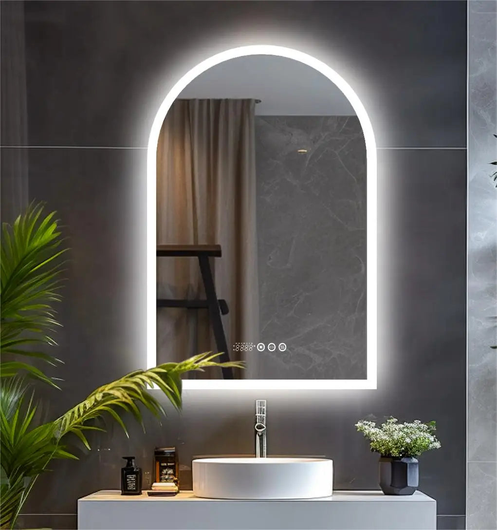 60x90CM Vertical Arch-Shape LED Bathroom Mirror Backlit Frameless Lighted Antifog Mirror Time Temperature Display