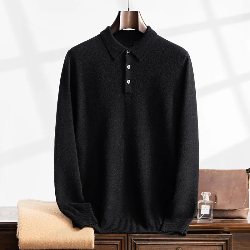 100% Cashmere Sweater Men's Knitted POLO Collar Pullover Casual High Waisted Knitted Straight Leg Pants Winter Warm Menswear