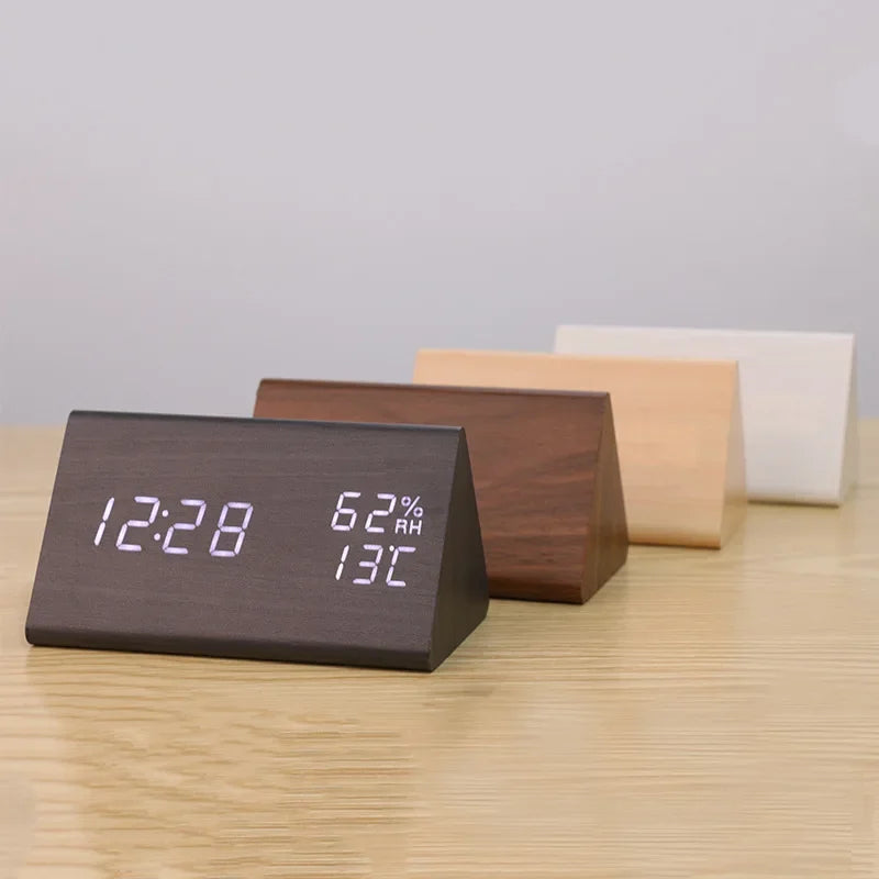 Wooden Triangle LED Desktop Digital Clock Thermometer Alarm Clock Electronic Tabletop Timepiece Home Decorative Item