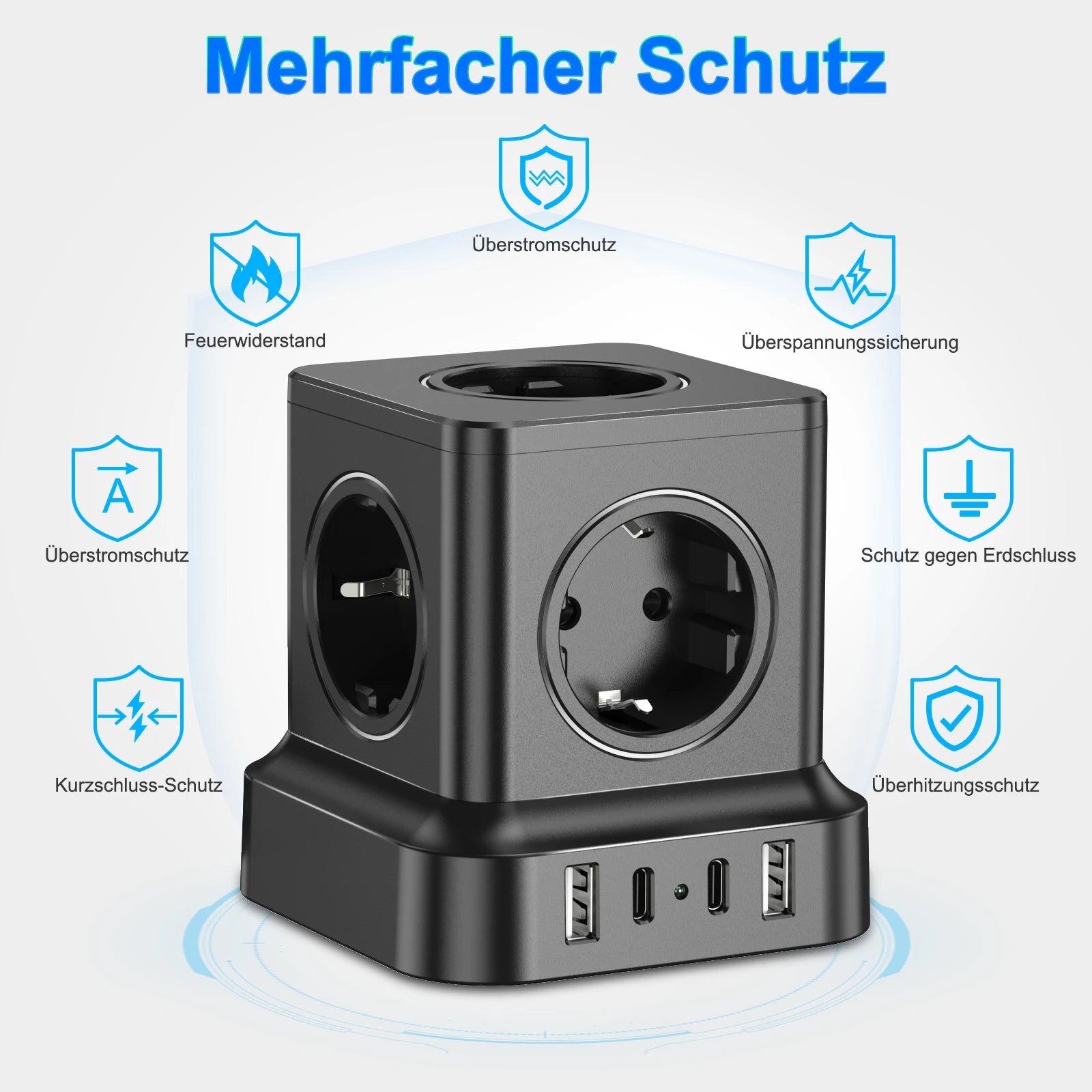 4000W EU Mulit Plug Power Strip Tower with 5 AC Outlets USB C Fast Charger PD20W, Power Board Socket 1.8 m Extension Cable