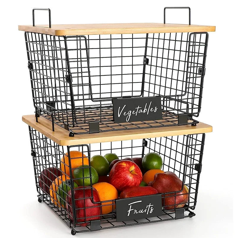Large Stackable Wire Basket with Bamboo Top - Kitchen Counter, Pantry Organizer and Storage, Onion Potato Fruits Vegs Basket