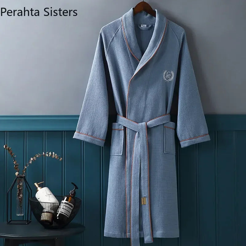 High Quality Hotel Home Waffle Bathrobe For Men Pure Cotton Embroidered Lapel Absent Bath Robe Men's Solid Color Dressing Gown