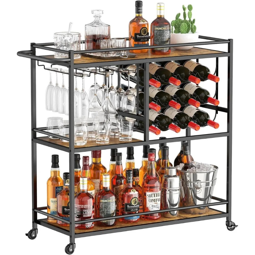 Drink Trolley, 3 Tier Bar Cart with Lockable Wheels, 12 Wine Rack and 3 Rows Glass Holders, Serving Alcohol Trolley, Wine Rack