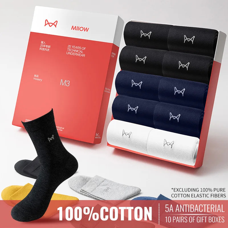 MiiOW 100% Pure Cotton Socks Men Business Dress Long Sock Antibacterial Anti Odor Crew Socks Solid Color Breathable Sport Sock