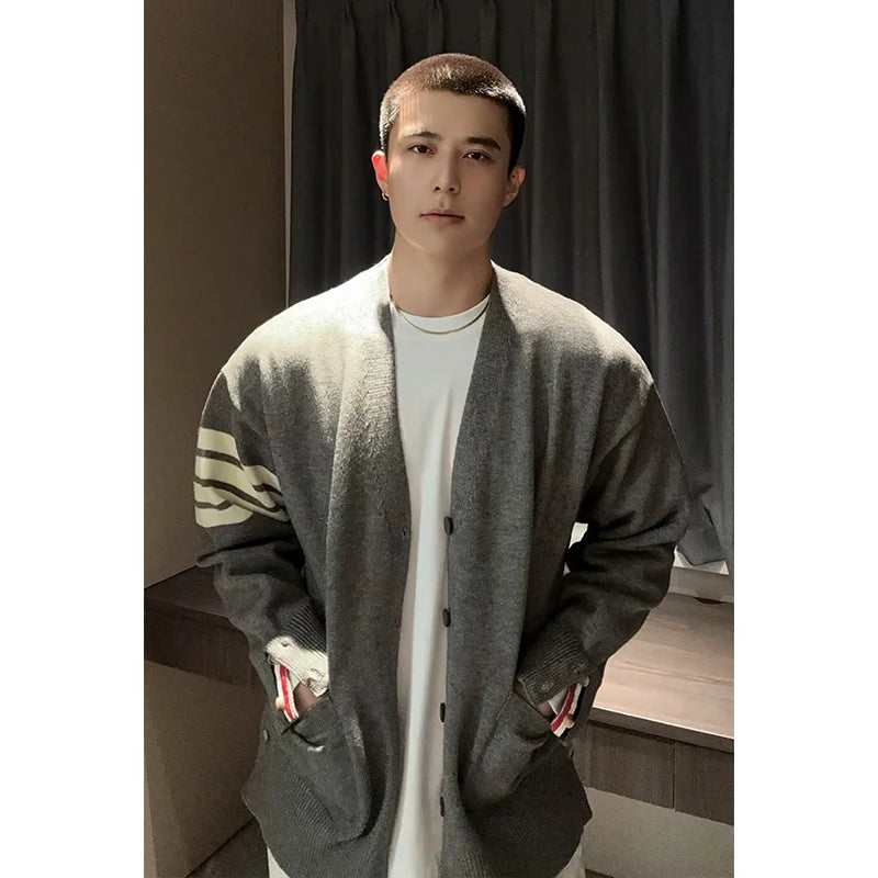 ay Striped Knit Cardigan Spring Autumn Men's V-Ne Sweater Casual Loose Fit Long Sve Polyester Fiber Faionable